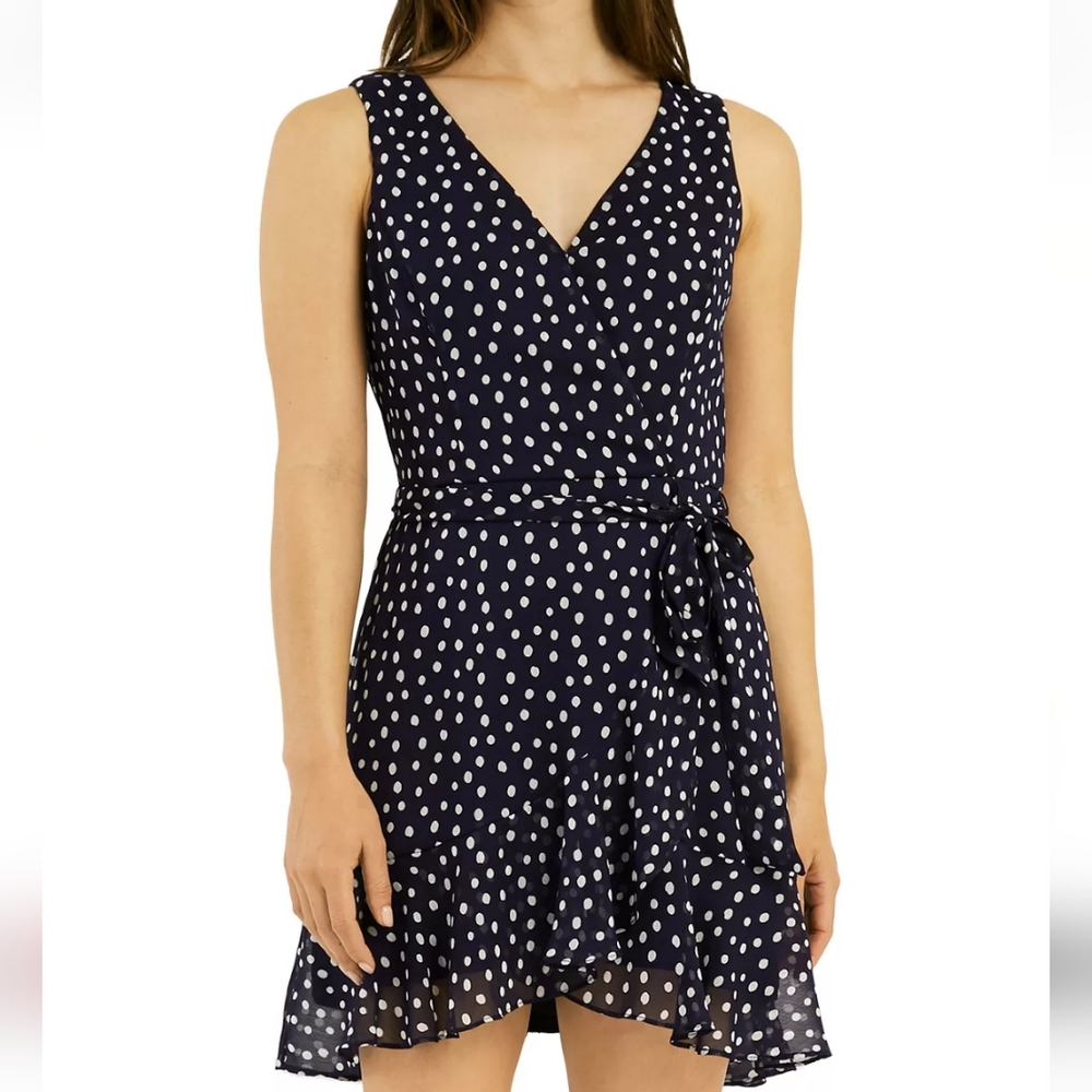 BCX Navy Blue faux wrap polka dot dress